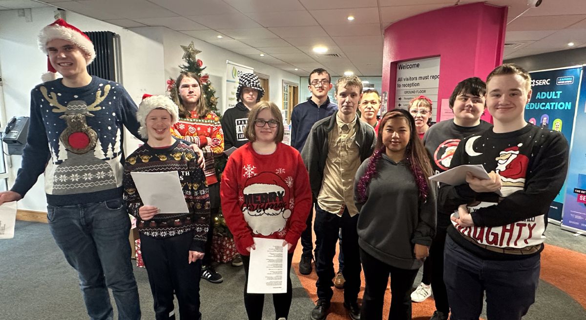 Picture of Foundation Learning students singing in Newtownards campus reception